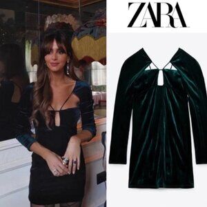 Zara Green Velvet Long Sleeve Holiday Dress Cut Outs Mini Size M Medium Women's